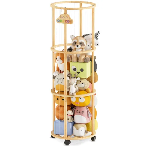 Miniatura 7 de Almacenamiento de animales de peluche con ruedas, organizador de juguetes de madera con capacidad extragrande, soporte de felpa que ahorra espacio