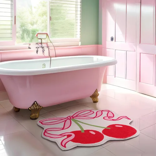Miniatura 5 de Duraaamo Alfombra de baño con lazo de cereza de 23.6 x 21.3 pulgadas, bonito lazo rosa, decoración de baño, suave, antideslizante, absorbente