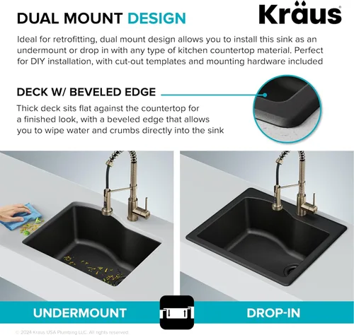 Miniatura 6 de KRAUS Quarza - Fregadero de cocina de granito de instalación empotrada/sobre encimera de un solo seno, 25 pulgadas, color negro, KGD-441BLACK