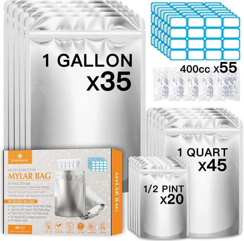 Miniatura 8 de Bolsas Mylar de 5 galones para almacenamiento de alimentos: paquete de 10 bolsas gruesas de larga duración con absorbentes de oxígeno, bolsa