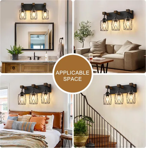 Miniatura 7 de Accesorios de iluminación de baño de granja, lámpara de tocador de baño de 3 luces con pantalla de metal y vidrio, accesorios de iluminación