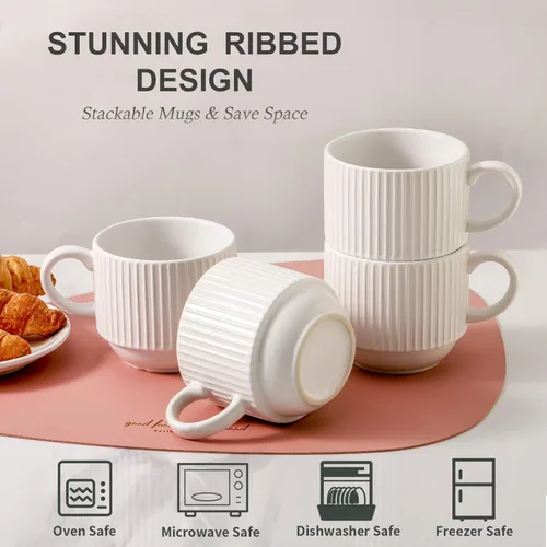 Miniatura 4 de HASENSE Juego de 4 tazas de café de cerámica con estante - 15 oz Juego de tazas grandes apilables de porcelana con nervaduras para café con leche