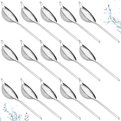 15 coladores pequeños de acero inoxidable, pequeño colador de té de malla fina, mini tamiz de acero inoxidable con asa, coladores de metal de cocina