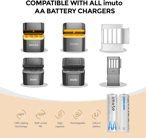 Miniatura 6 de imuto Baterías recargables AA, baterías de litio de 2500 mWh AA, paquete de 4, salida de 1.5 V 2 A, doble batería, vida útil de más de 1600 ciclos