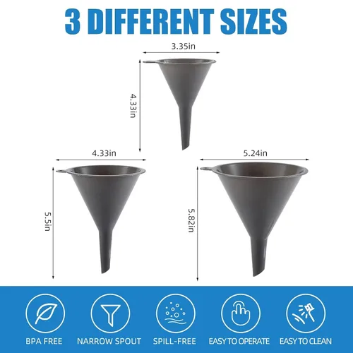 Miniatura 2 de Juego de 3 embudos de cocina de plástico, embudos de cocina redondos para llenar botellas, embudos duraderos y multifuncionales para llenar Gris