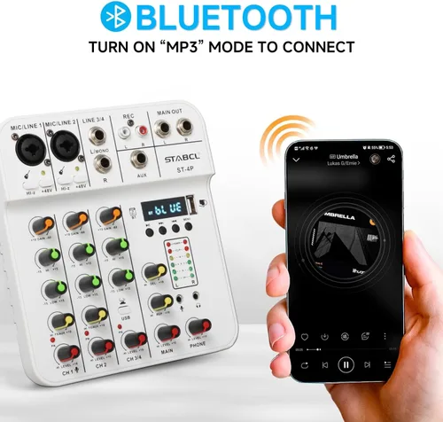 Miniatura 4 de Mezclador de audio de 4 canales pequeño, consola de mezcla de mesa de sonido con USB digital Bluetooth alimentación fantasma de 48V y eco, pequeña