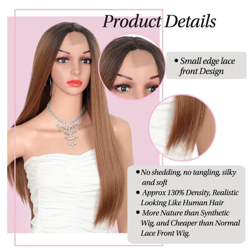 Miniatura 3 de Kalyss Peluca de encaje frontal con borde sintético lacio de 26 pulgadas para mujer, color castaño castaño castaño rojizo degradado con raíces