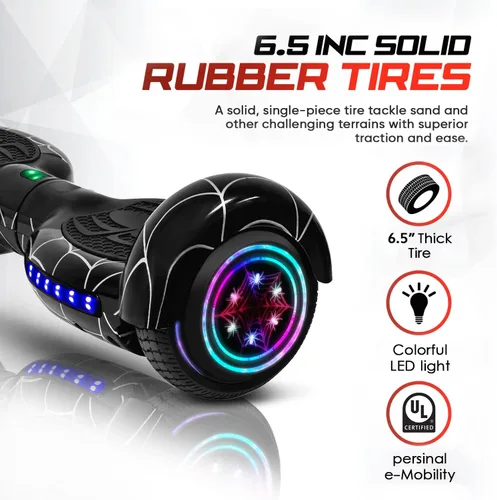 Miniatura 3 de Hoverboard con patrón de araña para niños de 6 a 12 años, con altavoz Bluetooth y luces LED, tabla deslizante de 6.5 pulgadas, certificado de Negro