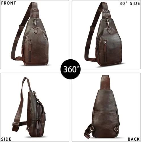 Miniatura 2 de Bolso de cuero genuino para mujeres y hombres, mochila bandolera de cuero real para el hombro, bolso cruzado en el pecho, Café