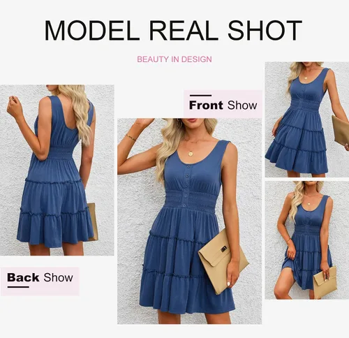 Miniatura 4 de Dokotoo Vestidos de verano para mujer, sin mangas, con botones, cintura imperio, con volantes, escalonados, casual, mini vestido con vuelo