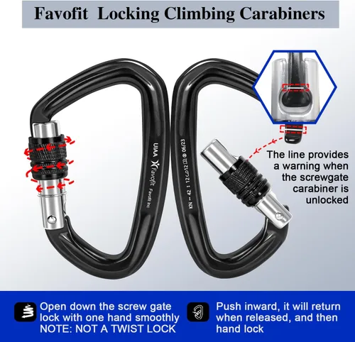 Miniatura 6 de UIAA Certified 25kN-42kN Climbing Carabiners - Favofit Heavy Duty Locking Carabiner Clips with Twist or Screw Lock - Professional Rock Climbing Gear