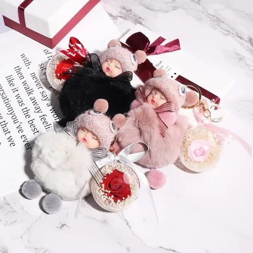Miniatura 5 de Keychain Charm with A Cute Doll and Preserved Flower Ball for Girls and Womens Key Car Key Holder Purse Handbag