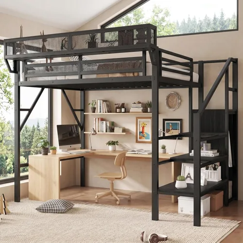 Mirightone - Cama alta tamaño individual con escaleras y almacenamiento, base de cama de metal, estante de noche y gran espacio debajo, resistentes
