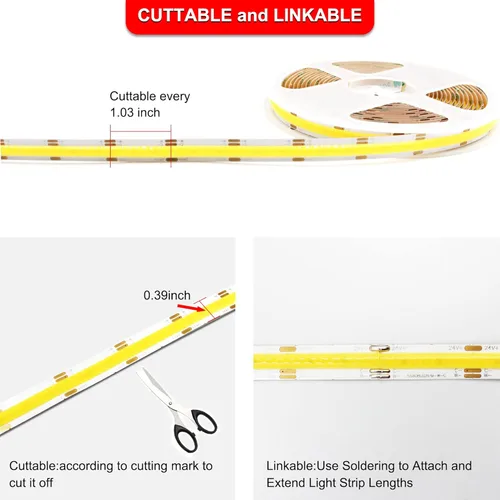 Miniatura 5 de CCT COB - Tira de luces LED blancas sintonizables, 16.4 pies, regulables, 2700 K-6500 K, 24 V, sintonizables, tira de luces LED blancas de alta