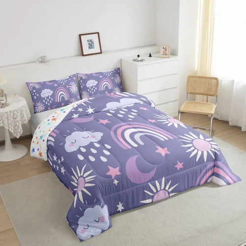 Miniatura 5 de Erosebridal Juego de ropa de cama de arcoíris y nubes para guardería, tamaño individual, juego de edredón lindo de sol y luna para niños y niñas