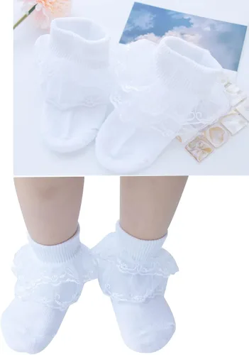 Miniatura 5 de Twtility Calcetines de encaje con volantes para niñas pequeñas, vestido de princesa, doble encaje de algodón con volantes blancos