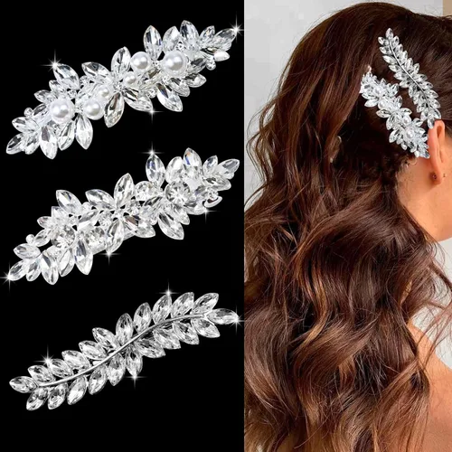 3 pinzas para el pelo nupcial con diamantes de imitación, horquillas de cristal, horquilla plateada, pasador de joyería para novias, damas de honor,