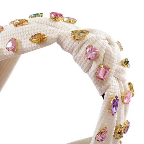 Miniatura 6 de Diadema anudada con joyas para mujeres y niñas, diadema de diamantes de imitación de cristal brillante, nudo superior ancho para mujer, diadema Beige
