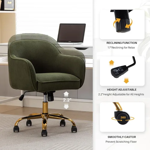 Miniatura 5 de Silla de Escritorio para Oficina en Casa con Brazos Ruedas Doradas Silla de Computadora Rodante Tapizada en Terciopelo Moderno de Respaldo Medio