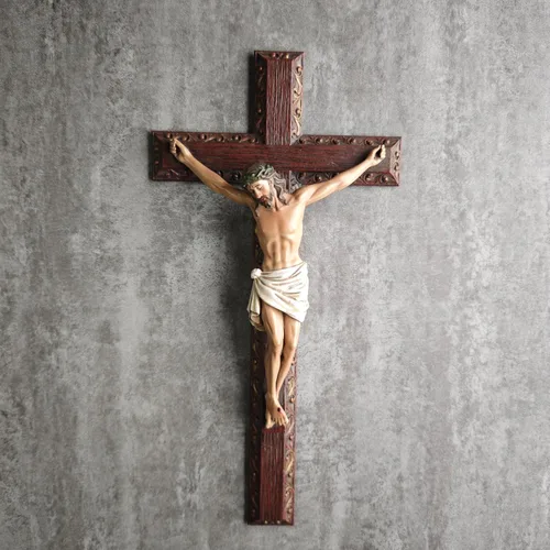 Miniatura 3 de Crucifijo católico BC de pared, cruz de Jesucristo, regalo religioso devoto, aspecto tallado en madera, 12 pulgadas de alto, pintado a mano por