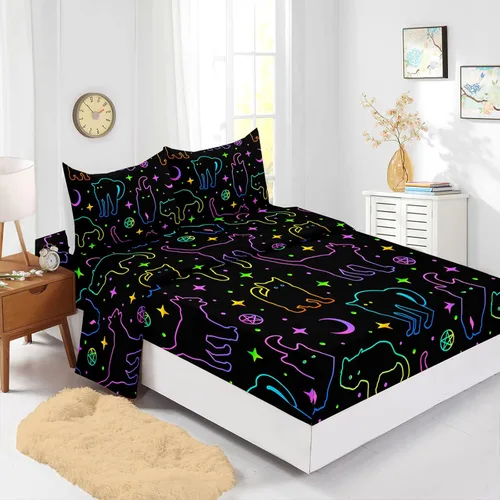 Miniatura 3 de Axolotl Juego de sábanas de gato negro de dibujos animados tamaño full, diseño de estrellas y luna impreso, ropa de cama para niños para decoración