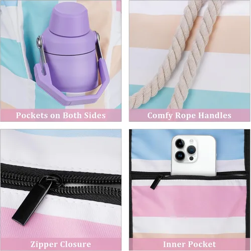 Miniatura 4 de Elegante bolsa de playa impermeable para mujer, cierre de cremallera de gran capacidad con correas de hombro de cuerda