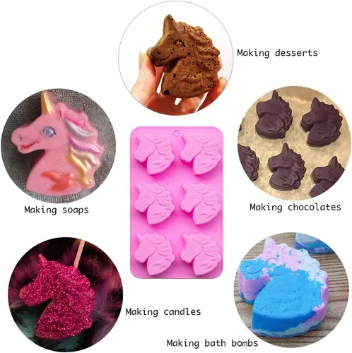 Miniatura 3 de Fewo Molde de silicona antiadherente con forma de unicornio de 6 cavidades, para tartas de fiesta, jabones, bombas de baño, chupitos de gelatina