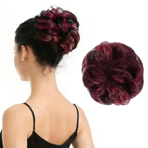 Miniatura 45 de BARSDAR Extensión de moño 100% humano – Cabello humano real rojo desordenado moño coletero para mujer – Extensiones elásticas onduladas
