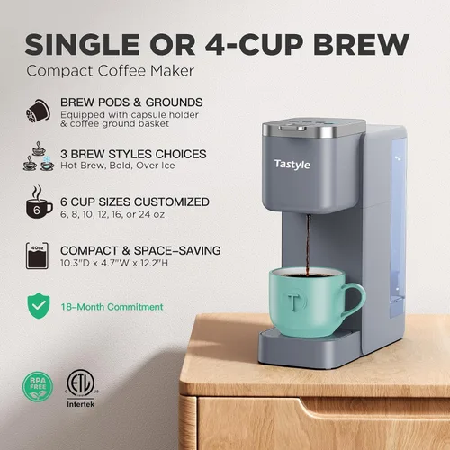 Miniatura 2 de Tastyle Cafetera de una sola porción, máquina de café helado y caliente para cápsulas K y molidos, diseño compacto, depósito de agua extraíble de 40