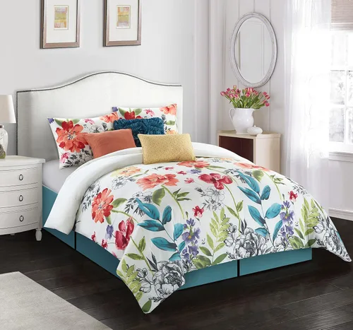 Grand Avenue Juego de edredón de 7 piezas, tamaño California King, edredón con estampado floral, juego de ropa de cama suave a la moda, falda de