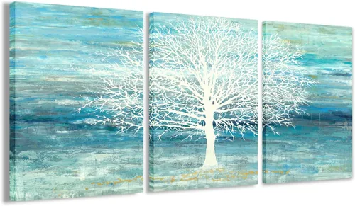 Yihui Arts Lienzo decorativo para pared, color verde azulado y azul, pinturas de árbol blanco con lámina dorada, 3 piezas de paisajes para sala de