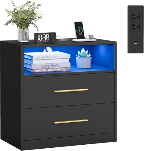 VASAGLE Custos Collection - Mesita de noche de 23.6 pulgadas de ancho con estación de carga, luces LED, moderna mesita de noche, mesa auxiliar Negro
