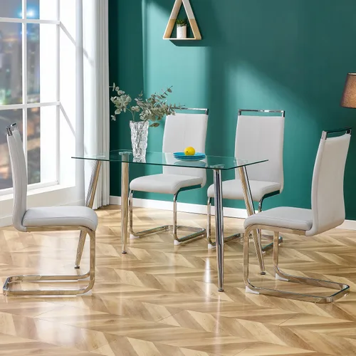 Miniatura 6 de gopop Juego de sillas de comedor, sillas modernas de metal con asiento acolchado de piel sintética, respaldo alto y patas cromadas resistentes, claro