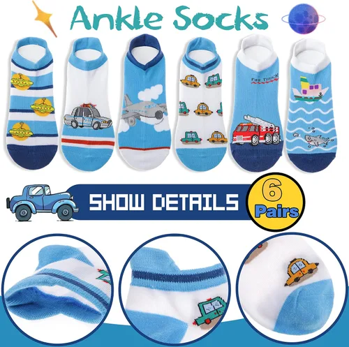 Miniatura 7 de Welwoos Calcetines de tobillo para niños y niños, de corte bajo, divertidos y lindos dibujos animados, calcetines de algodón, 6 pares