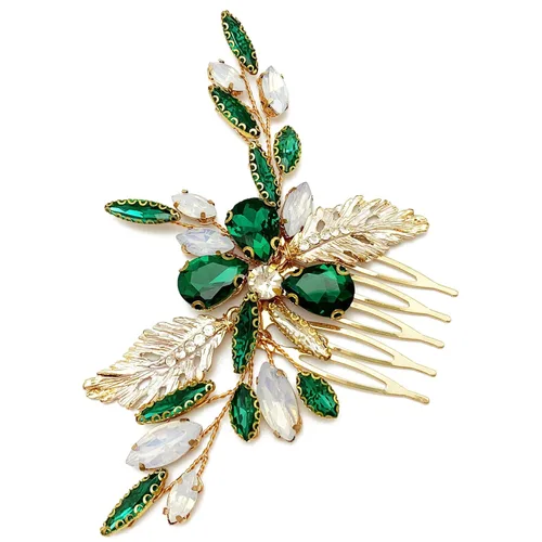 Miniatura 4 de Peine lateral verde nupcial con hojas de cristal para boda, accesorios pequeños para mujeres y niñas, fiesta (verde esmeralda)