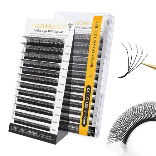 Miniatura 320 de NAGARAKU Extensiones de pestañas Double Tips 4D W, suministros con puntas dobles, gruesas con rizado D de 0.07 mm, bandeja mixta 8-15 mm, 0.07-D