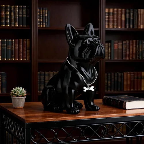 Miniatura 7 de Estatua negra de bulldog francés, estatua de pug sentado de resina, escultura de bulldog inglés para decoración del hogar, decoración de escritorio