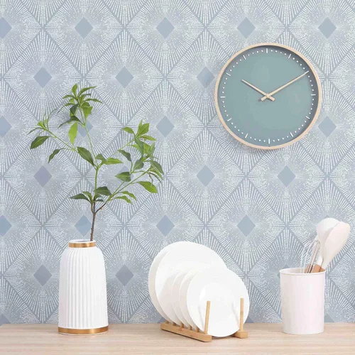 Dimoon Papel tapiz texturizado para despegar y pegar, de 236 x 16.1 pulgadas, papel tapiz geométrico azul y blanco, grueso, impermeable, moderno,