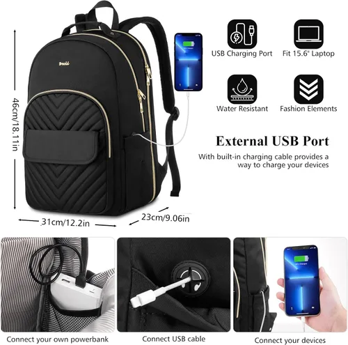 Miniatura 6 de Mochila para laptop para mujer, elegante mochila de trabajo para viajes, mochila de computadora de gran capacidad para 15.6 pulgadas, mochila Negro