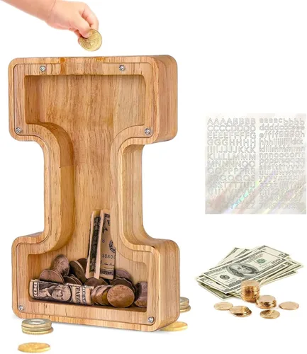 Miniatura 10 de Alcancía de Madera Personalizada con Letras del Alfabeto, Banco de Monedas con Letras del Alfabeto para Niños, Niñas y Bebés, Tamaño Grande, 26