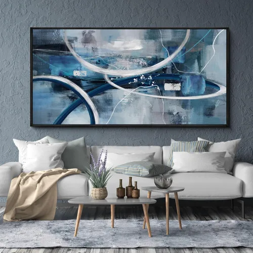 Miniatura 8 de XLSJERST Arte abstracto de pared para sala de estar, lienzo grande, azul y blanco, minimalismo moderno, obra de arte horizontal para dormitorio