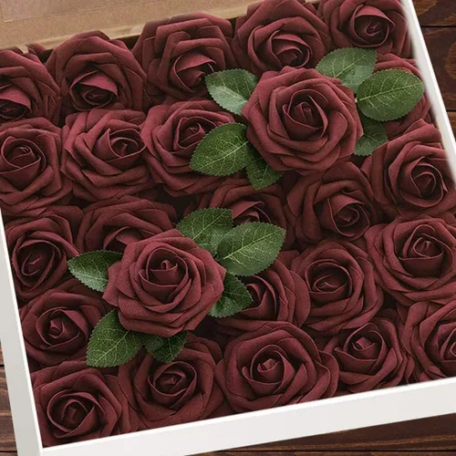 Miniatura 26 de Higfra Flores artificiales, 25 rosas falsas de espuma de aspecto real con tallos para ramos de boda, centros de mesa de despedida de soltera, Brillo