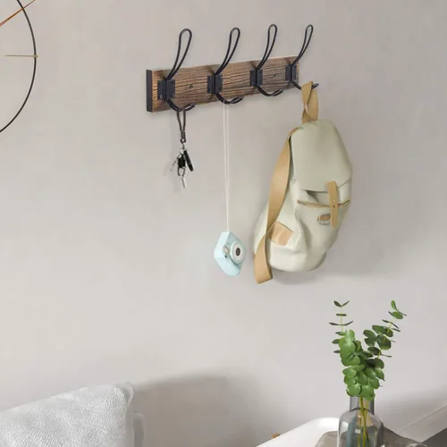 Miniatura 5 de Gancho rústico de pared con 4 ganchos estilo granja - Perchero de madera de pino maciza para toallas y abrigos para baño, entrada, cocina - Marrón