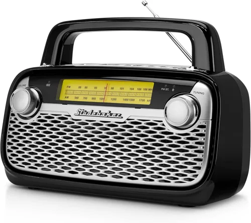 Studebaker SB2006 Altavoz Bluetooth con radio portátil AM/FM Transmisión Bluetooth, batería recargable y alta potencia (negro)