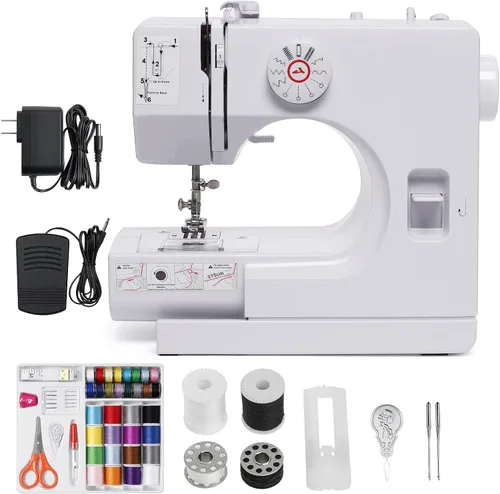 Mini máquina de coser eléctrica para principiantes, máquina de coser portátil para niños y adultos, luces integradas, 12 puntadas y costura inversa,