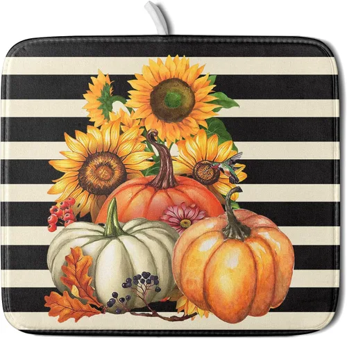 Miniatura 71 de Tapete de Secado de Platos de Florero de Girasoles Otoñales para Encimera de Cocina, Tapete de Secado de Hojas de Arce y Calabaza Otoñal de 16 x 18