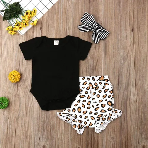 Miniatura 2 de DuAnyozu Conjunto de 3 piezas de ropa para bebés y niñas, lindo mameluco con estampado de leopardo, pantalones cortos de verano