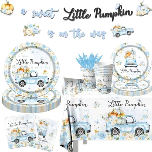 Decoración de baby shower de calabaza, 142 piezas, una dulce pequeña calabaza está en camino, camión floral azul para niños, mantel desechable,
