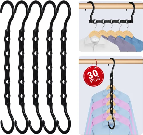 Magic Hanger - Paquete de 30 perchas multifuncionales para armario, organizador y almacenamiento, 5 agujeros, ahorro de espacio, apilador para