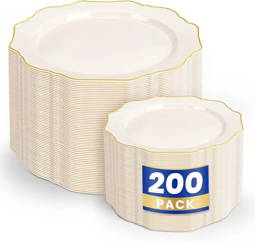 Miniatura 13 de WDF 100 piezas de platos de plástico azul - Platos desechables azul claro - Platos de plástico con borde festoneado resistente